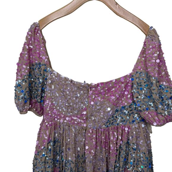 ASOS MAYA DELUXE Puff Sleeve Sequin Mini dress Eras Tour in Pink Blue 4 - Picture 3 of 9